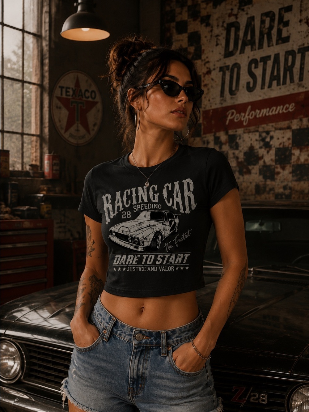 Black 'Racing Car' Graphic Crop Tee